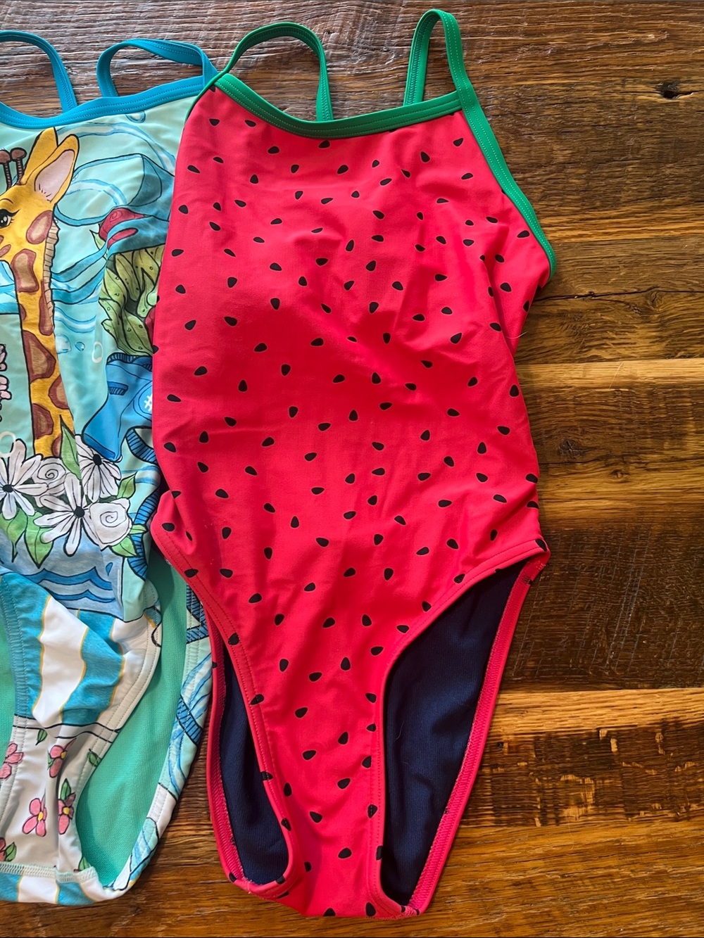 Kids One-Piece Swimsuit - Red Watermelon, Sharks, and Giraffe Prints - Picture 3 of 7